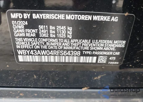 2024 BMW I4 Edrive35 from USA, damaged, VIN WBY43AW04RFS64398